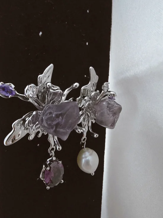 Assymetrical Earrings - 925 Silver Needle, Natural Stone ,Pearl & Crystal - Picture 3 of 4